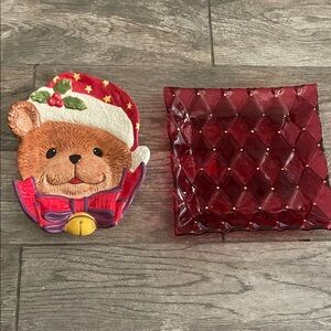 Festive Bear and Red Glass Dish Set